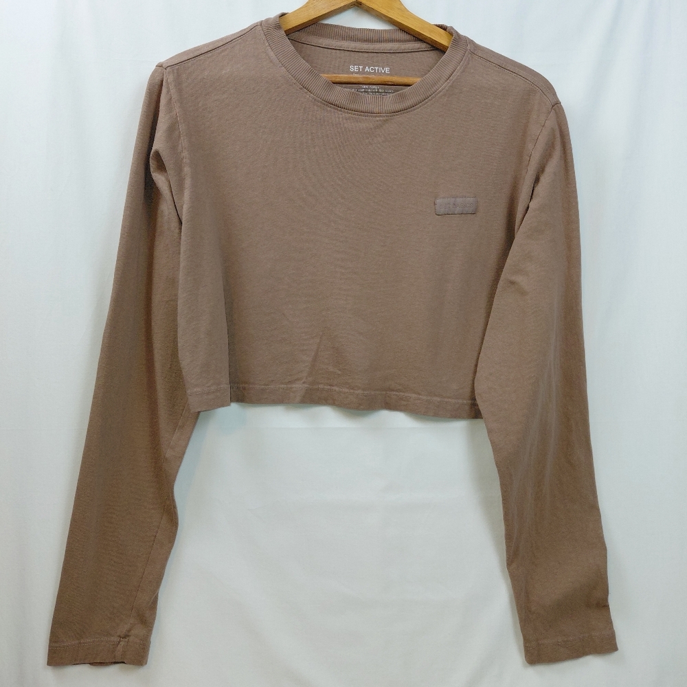 SET Active Taupe Long Sleeve Crop Top Women's Size Small 100% Cotton Made In USA